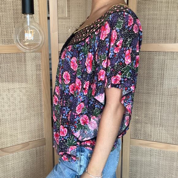 Anthropologie Ric Rac Blouse Women Small Black Pink Floral Flutter Sleeve Top - Picture 2 of 7